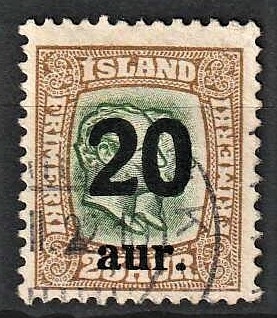 FRIMÆRKER ISLAND | 1921-22 - AFA 108 - Provisorier - 20/25 aur brun/grøn - Stemplet